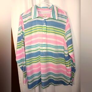 Talbots 1X Rainbow Stripe Popover Top Collar Side Button Colorful Preppy NWT